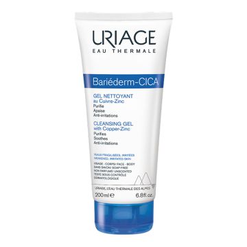 URIAGE Bariéderm Cica Gel Nettoyant au Cuivre-Zinc - Gel nettoyant apaisant anti-irritations visage et corps pour peaux fragilisées et irritées - 200ml