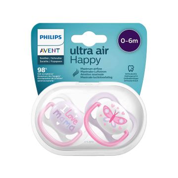 AVENT Ultra Air Happy Soothers - Sucettes orthodontiques aération maximale bébé fille  - Lot de 2 (0 à <2 mois)