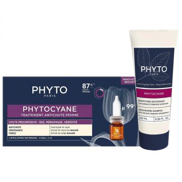 PHYTO Phytocyane Traitement Anti-Chute Progressive Femme - Kit de soin anti-chute 12 ampoules + Shampooing 100ml Offert